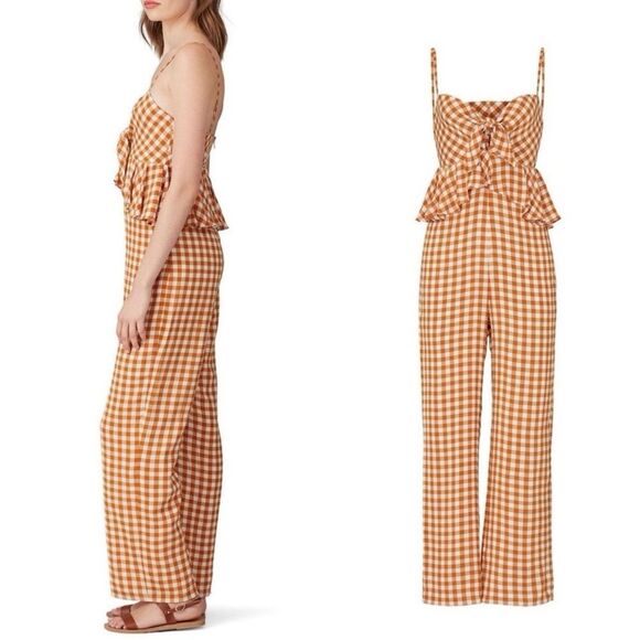 Saylor Laken Sparrow Brown White Gingham Peplum Tie Front Jumpsuit Sz M - Picture 3 of 16